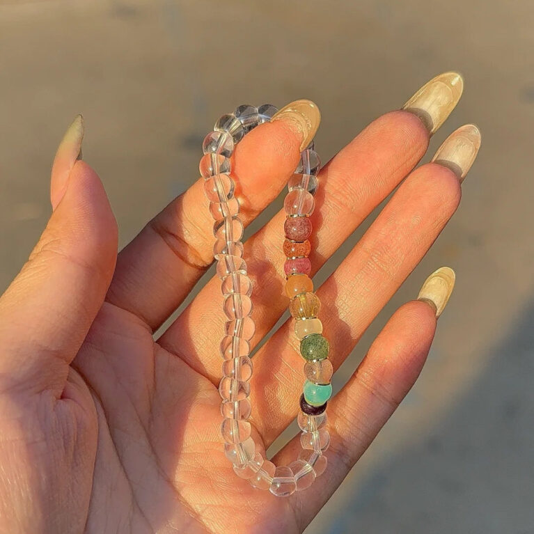 Tibetan Angled-Cut White Crystal Bracelet with Multicolor Crystals – Top-Grade Clear Quartz, Stress-Relieving & Meditation-Friendly