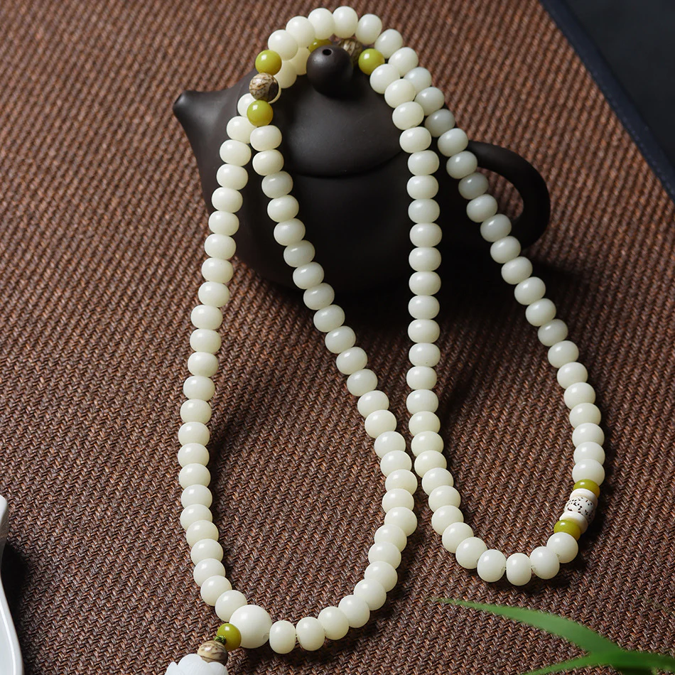 108 Mala Beads White Jade Bodhi Bracelet with Five-Layer Lotus Charm