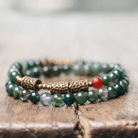 Double-Layer Moss Agate Beaded Bracelet with Brass Accents – Women's Grounding & Growth Bracelet