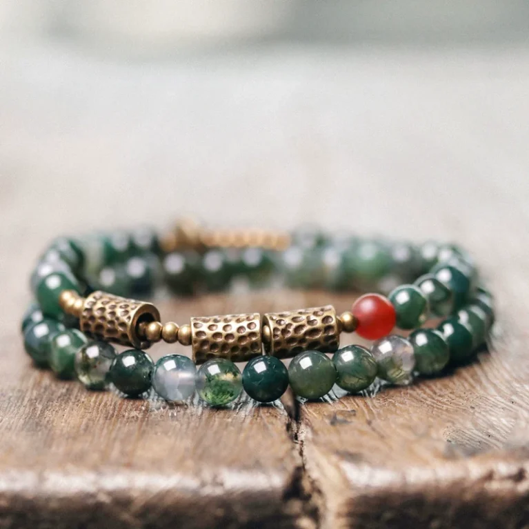 Double-Layer Moss Agate Beaded Bracelet with Brass Accents – Women's Grounding & Growth Bracelet