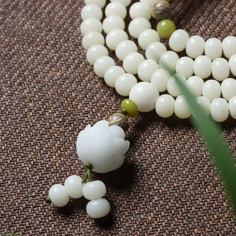 108 Mala Beads White Jade Bodhi Bracelet with Five-Layer Lotus Charm