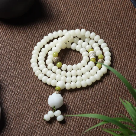 108 Mala Beads White Jade Bodhi Bracelet with Five-Layer Lotus Charm