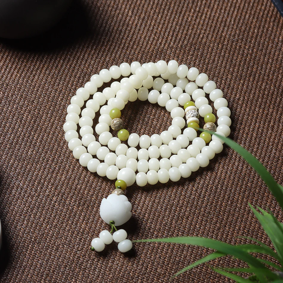 108 Mala Beads White Jade Bodhi Bracelet with Five-Layer Lotus Charm