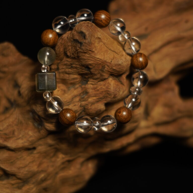 Handmade Crystal & Peachwood Bead Bracelet – 8 mm beads, stretch fit